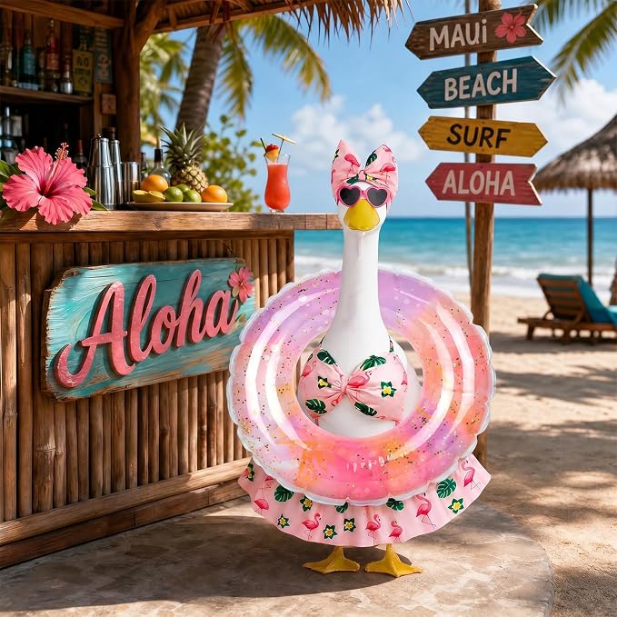 Hawaiian Porch Goose Outfits Summer, Flamingo Bikini Goose Outfit | Goose Costume with Sunglasses & Swim Ring Fits 17 23 Inch Cement Yard Plastic Statues, Outdoor Garden Patio Decor