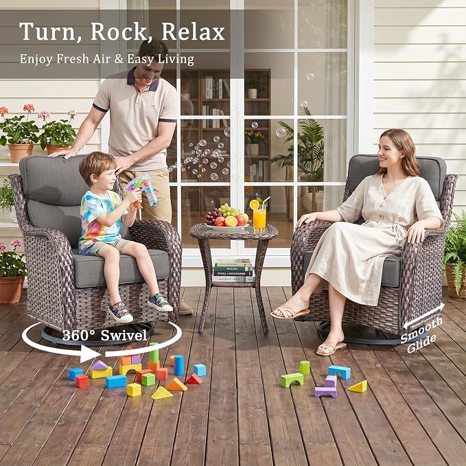 6 Piece Wicker Patio Furniture Set with Swivel Rocker Chairs Set of 4 Brown
