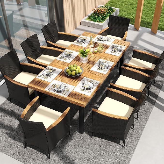HAPPYGRILL Patio Dining Table for 8, 79" Large Rectangle Table with Acacia Wood Tabletop & Metal Legs, Outdoor Dining Table with 2" Umbrella Hole for Backyard, Lawn & Garden