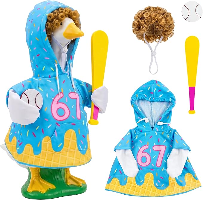 Summer 67 Baseball Porch Goose Outfits, Ice Cream Hoodie Wigs for 23 inch Goose, Geese Statue Clothes Costume 4 Pcs Accessories, Birthday Party Garden Outdoor Yard Lawn Patio Decor