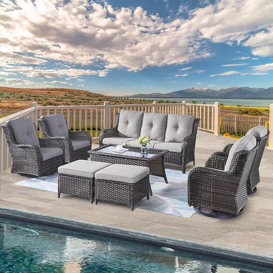 Belord Wicker Patio Furniture Sets - 8 Piece Rattan Outdoor Furniture Conversation Sets with 4 Swivel Rocker Chairs, Rattan Sofa, Wicker Ottomans and Coffee Table, Brown/Grey
