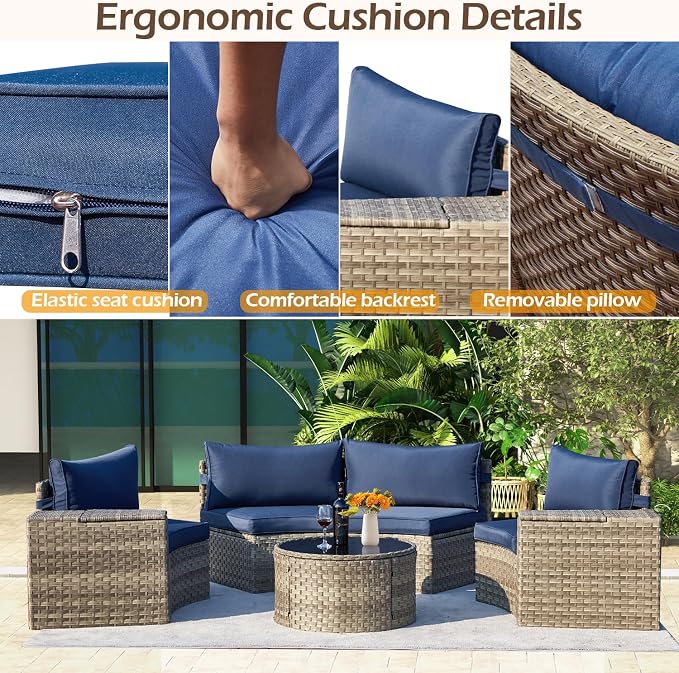 ECOTOUGE 9-Piece Half-Moon Curved Patio Furniture Set with Fire Pit Table, Wicker Rattan Sectional Sofa with Thick Cushions, Outdoor Conversation Set for Backyard Garden with Tank Cover(Blue, White)