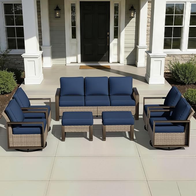 Outdoor Patio Swivel Rocker Chairs, 7 Pieces Wicker Furniture Set, 4 Swivel Rocking Chairs, 1 Sofa and 2 Ottoman, Metal Wide Armrest, Thick Cushions and Deep Seating for Garden, Backyard, Porch, Deck
