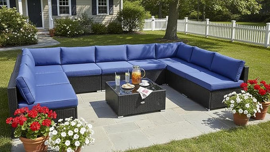 Tangkula 10 Pieces Patio Sofa Set, Outdoor Wicker Conversation Set with Soft Cushions, Tempered Glass Tabletop, Sofa Fastener Clips Included, Rattan Furniture Set for Backyard, Poolside (Navy)