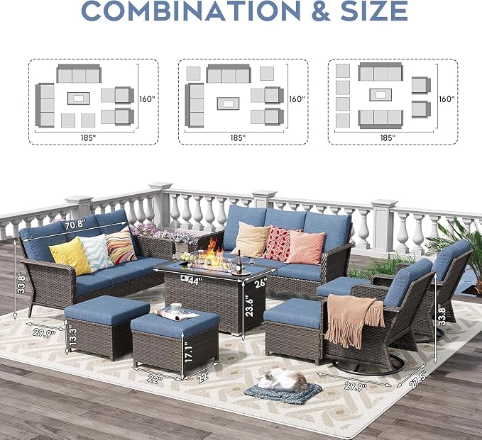 XIAO WEI 9-Piece Outdoor Furniture Set with Fire Pit Table, Wicker Patio Conversation Set with Cushions & Swivel Glide Chairs, All-Weather Patio Furniture Set for Backyard, Garden, Deck (Blue)