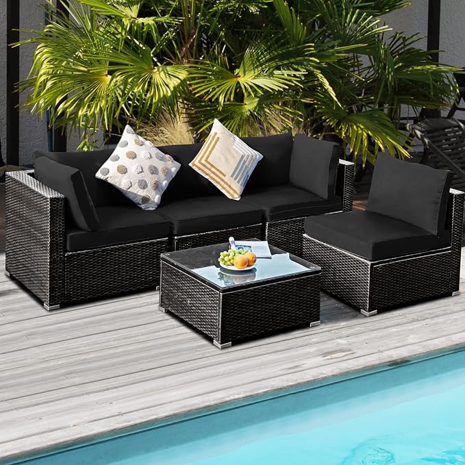 HAPPYGRILL 5 PCS Patio Furniture Set Outdoor Rattan Wicker Sofa Set with Coffee Table Sectional Sofa Conversation Set with Pillows Cushions for Backyard Porch Garden Poolside