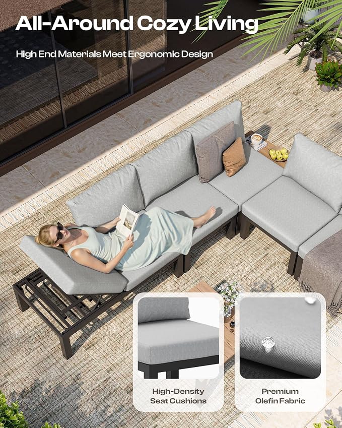 Aluminum Outdoor Patio Furniture Set, 4 Seats Modular Patio Sectional Sofa Set with Adjustable Backrest & Removable Cushions, All-Weather Outdoor Conversation Sets for Garden & Yard, Gray