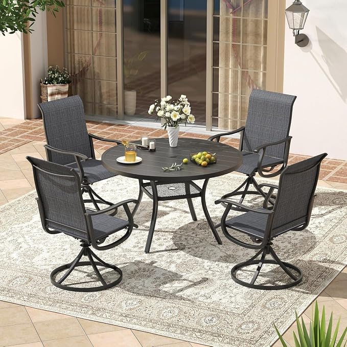 VICLLAX 40.6" Round Metal Outdoor Dining Table for 4, Patio Table with Umbrella Hole and Storage Shelf for Garden, Lawn, Deck, Black