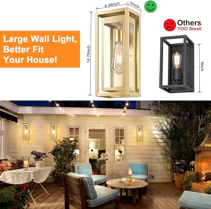 15" Large Gold Outdoor Light Fixture Wall Mount, Waterproof Outdoor Sconces, Modern Wall Lights with Clear Glass Shade for Front Door, Porch, Garage, 1 Pack