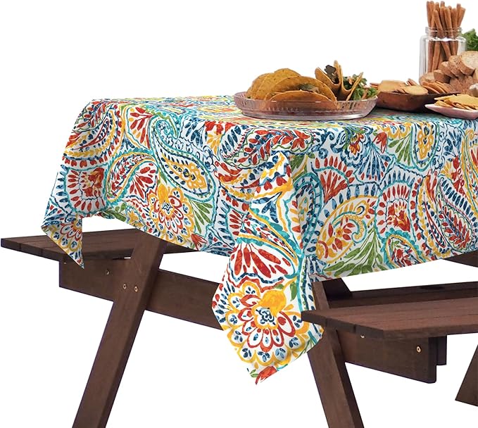 DYTXIII Outdoor Rectangle Tablecloth with Umbrella Hole and Zipper 84" x 60", Water Repellent Floral Picnic Cover, Fade & Wrinkle Resistant Tablecloth for Patio/Garden/Party Table, Paisley Multi
