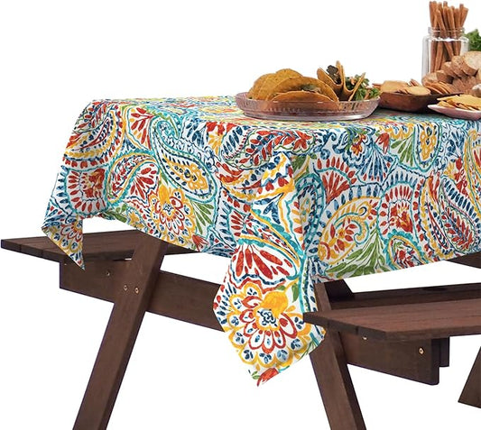 DYTXIII Outdoor Rectangle Tablecloth with Umbrella Hole and Zipper 84" x 60", Water Repellent Floral Picnic Cover, Fade & Wrinkle Resistant Tablecloth for Patio/Garden/Party Table, Paisley Multi