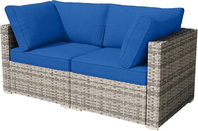 Weaxty 2 Pieces Patio Furniture Sets Corner Seats, Wicker Outdoor Sectional Sofa with Thicken Cushion, Patio Conversation Couch Set for Porch, Balcony,Yard, Poolside, Navy Blue