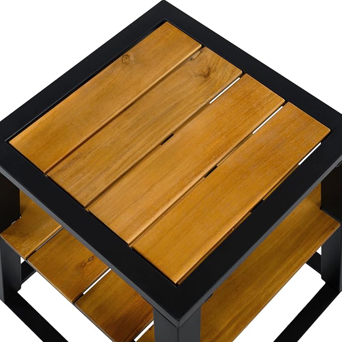 Outdoor Side Table, 2-Tier Acacia Wood End Table with White Iron Frame, Weather-Resistant Patio Side Table with Storage Shelf, Teak Finish, 30 lbs Capacity, Black
