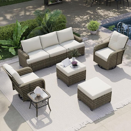 LET'S PATIO Luxury Patio Furniture Set，8 Piece Outdoor Furniture Sectional Set with Swivel Rocker Chairs of 2，All-Weather Patio Sectional Sofas with Thickened Cushions, Beige