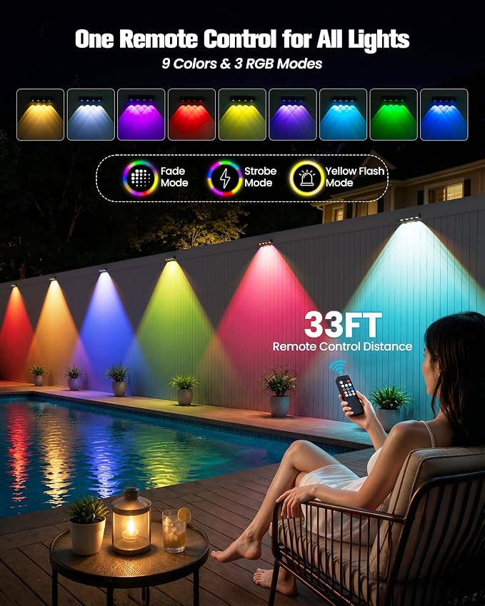 JOFIOS Fence Lights Solar Powered with Remote 12 Pack, Warm White, Cool White and RGB Color Glow LED Solar Lights Outdoor, Dusk to Dawn Solar Fence Lights for Patio, Backyard, Railing, Deck, and Wall