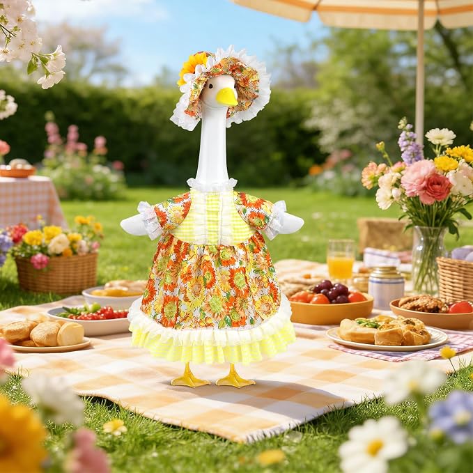Spring Porch Goose Outfit, Sunflower Goose Outfits Fits 17-23 In Statue | Summer Goose Clothes with Hat for Outdoor Yard Lawn Patio Plastic Cement Decor