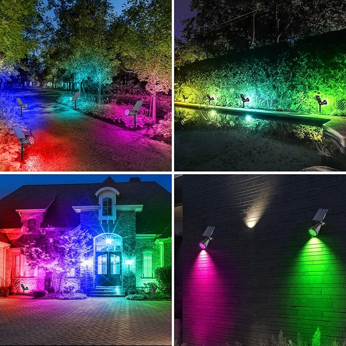 T-SUN Color Changing Solar Spot Lights Outdoor Waterproof, 7 LEDs, 2 Pack | 7 Color Changing Modes, IP65 Waterproof Dusk to Dawn Solar Uplights for Tree, Patio, Yard, Garden, Driveway, Pool Area