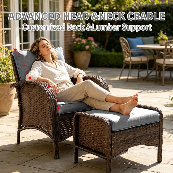 All Weather Patio Furniture Set, High Back Swivel Rocker Glider Chairs，Ottomans & Glass Tables, Outdoor Conversation Set for Deck Porch Yard Poolside (Grey, 7PCS-Sofa&Swivel Chairs&Ottomans&Tables)