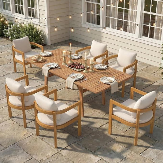 SUNSITT 7-Piece Outdoor Patio Dining Set, 55" - 71" Acacia Wood Expandable Outdoor Table Set with Umbrella Hole, 6 Curved Patio Arm Chairs w/Removable Cushions for Backyard, Porch, Deck