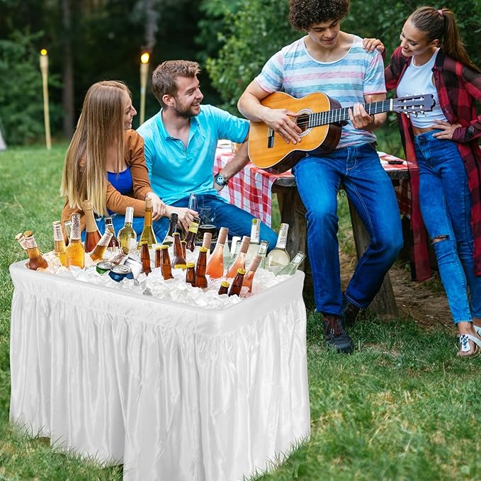 Folding Ice Cooler Table with Drain & Removable Matching Skirt, No Assembly Outdoor Cooler Side Tables, Beverage Fill and Chill Tables, Portable Ice Table for Party BBQ Camping Wedding