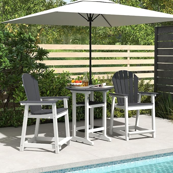 OTSUN Outdoor Bar Table, 32“ Diameter Round Side Table, All Weather Counter Height Table with Built-in Footrest for Backyard, Garden, Indoor Outdoor Companion (White&Grey)