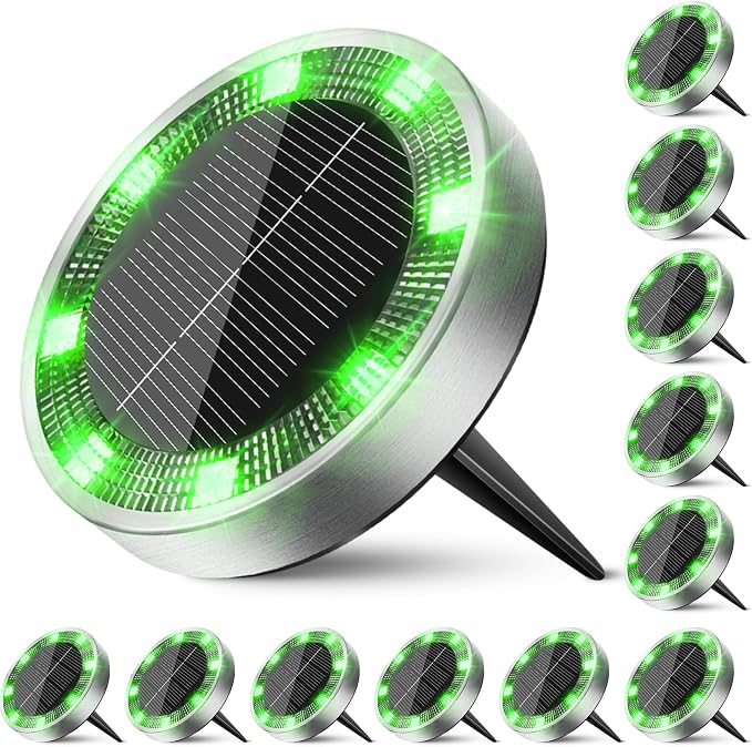 Solar Ground Lights Outdoor, 12 Pack Flat Solar Powered Disc Lights, IP68 Waterproof, Anti-Rust, Landscape Lighting for Pathway Garden Yard Lawn Walkway Landscape Driveway, Green
