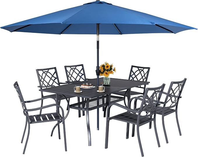 Crownland 7 Piece Outdoor Patio Metal Dining Sets, 6 Stackable Metal Chairs and Rectangular Outdoor Dining Table with with Dark Blue 9FT Round Outdoor Umbrella, for Backyard, Garden (Classic Black)
