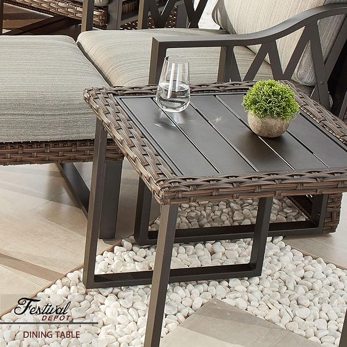 Festival Depot 22” Patio Side Table Metal Bistro Table with Wicker Edge and Slatted Steel Top All Weather Outdoor Furniture for Porch Deck (Square)