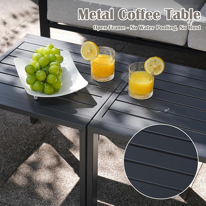 5 Pieces Rattan Outdoor Furniture Set, All-Weather Patio Conversation Set with Warm Grey Cushions and Coffee Tables for Garden, Backyard, Balcony, Poolside