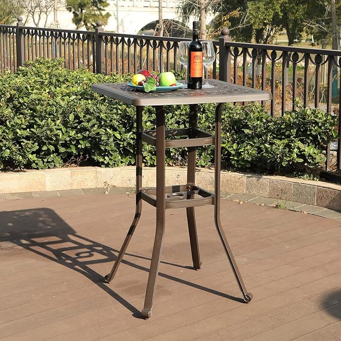 MFSTUDIO 27.5” Square Cast Aluminum Bar Height Patio Table, 42” Outdoor Bar Table with 1.75” Umbrella Hole for Bistro,Backyard,Brown