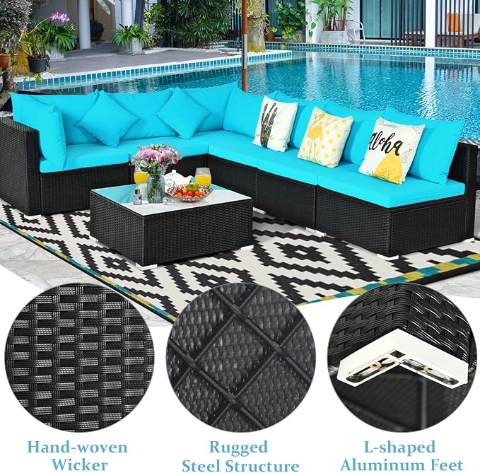 Tangkula 7 Piece Patio Furniture Set - Outdoor Sectional Sofa with Pillows and Cushions, Wicker Sofa Conversation Set with Coffee Table