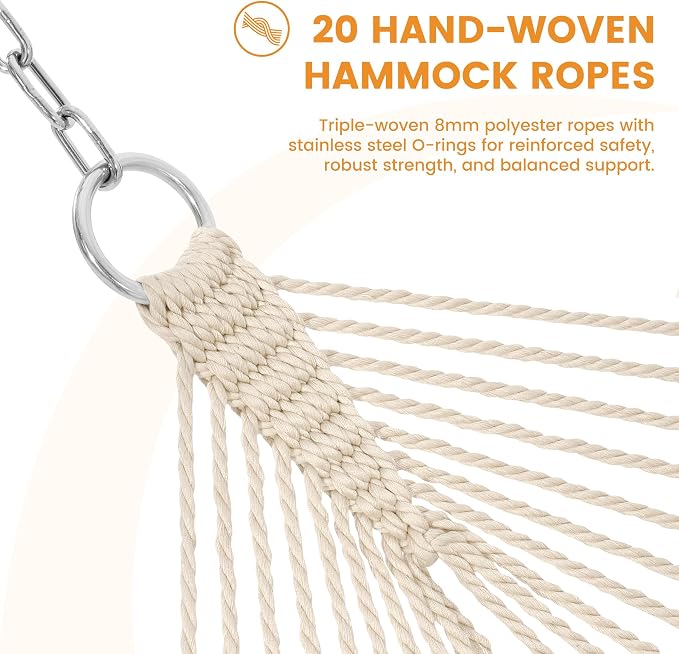 Lazy Daze Hammocks 13 FT Extra Large 2+ Person Caribbean Rope Hammock, Hand Woven Polyester XL Hammock with Spreader Bars, for Outside Outdoor Backyard Patio Poolside, 500 LBS Capacity, Gream