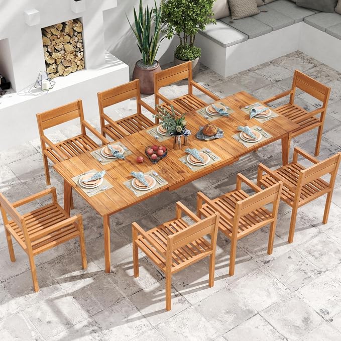 Tangkula 71"-94" Teak Wood Extendable Patio Dining Table for 6-8 People, Large Expandable Outdoor Slatted Table, Rectangular Outdoor Dinner Table for Garden, Lawn, Yard and Poolside