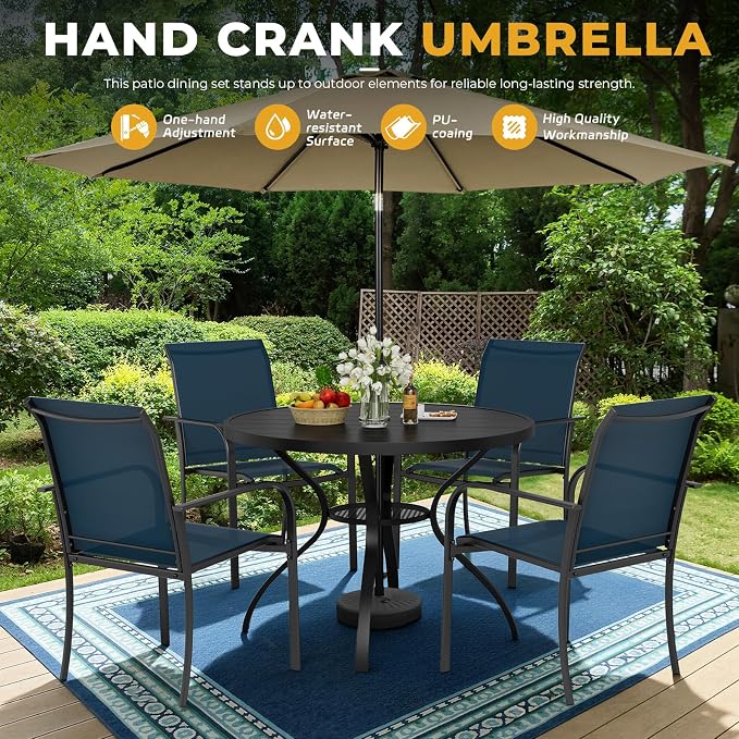Incbruce 6 PCS Patio Dining Set with Brown Umbrella, Outdoor Dining Set of 4 Textilene Chairs and 41" Round Table with Umbrella Hole for Backyard, Garden, and Poolside (Blue)