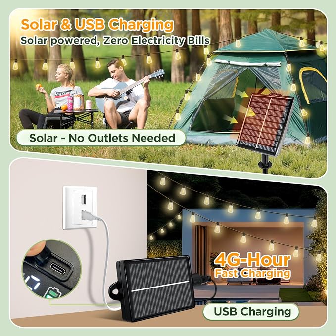 Solar String Lights Outdoor Waterproof with Remote & Timer, LED Shatterproof ST38 Bulbs, USB & Solar Powered Patio Lights for Backyard, Porch, Garden, Wedding, Christmas Decor (66FT)