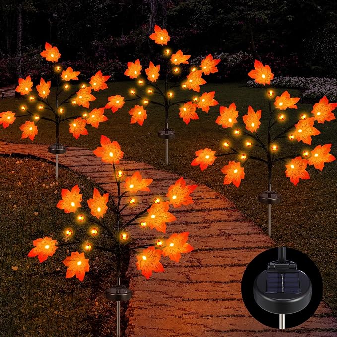 Rossesay 4 Pack Outdoor Fall Solar Lights Decorations Thanksgiving Waterproof Orange Maple Leaf Lights, Autumn Artificial Tree for Halloween Christmas Party Yard Garden Decor, 10 LED 8 Modes