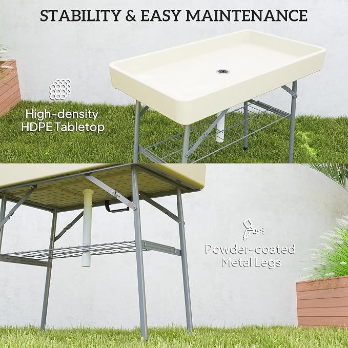 Outsunny Folding Ice Cooler Table with Drain, Fill and Chill, Tan, 40.6"L x 22"W x 32.3"H, Modern Picnic Table