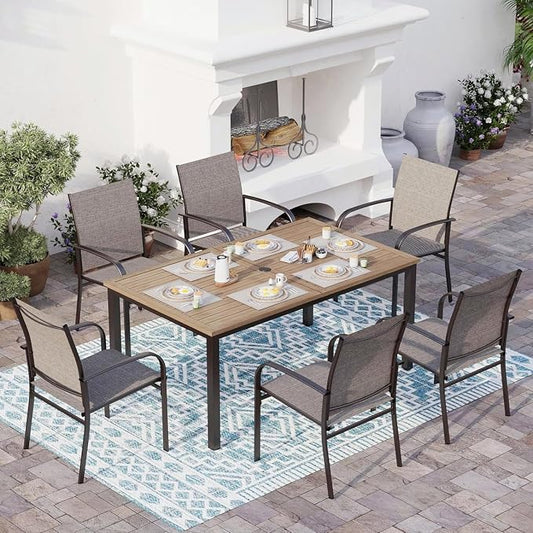 SUNSHINE VALLEY Patio Dining Set for 6, Rectangular Wood-Like Metal Table with Umbrella Hole and 6 Brown Chairs, Outdoor Table and Chairs for Lawn Garden Backyard and Deck