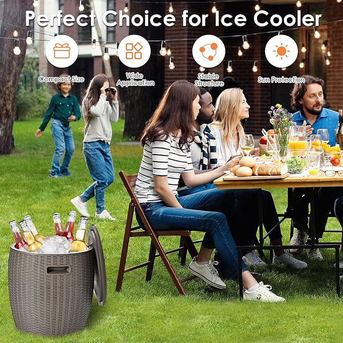 Safstar Outdoor Cooler Table, 9.5 Gallon Ice Cool Table w/Top Lid, Side Handle, Drainage Plug, Weather-Resistant Wicker Rattan Round Ice Bucket for Cocktail Beer Wine in Patio Party Pool