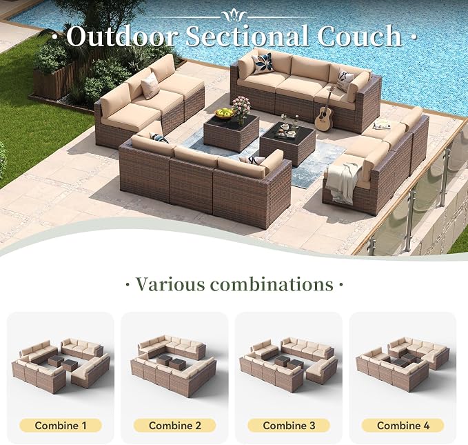 Aoxun 14 Piece Patio Furniture Set Wicker Rattan Patio Conversation Set Outdoor Sectional Sofa Set with Coffee Table and Thickened Cushions, Beige