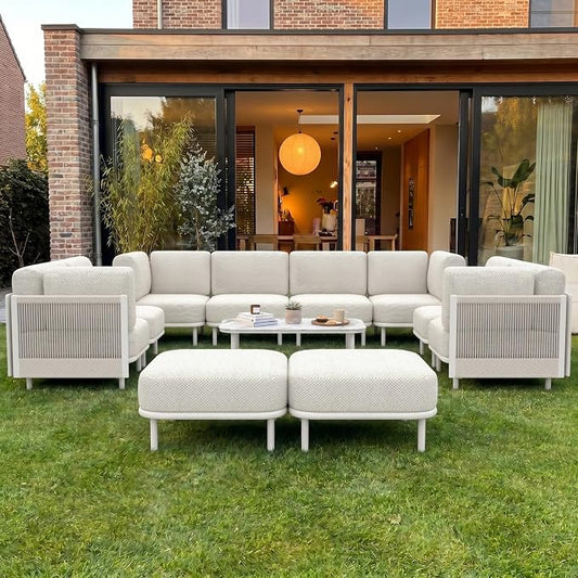 LayinSun 11 Pieces Patio Furniture Set with Coffee Table, Modern Outdoor Modular Sectional Conversation Set L-Shaped Sofa with 7-inch Cushion for Garden Backyard Deck