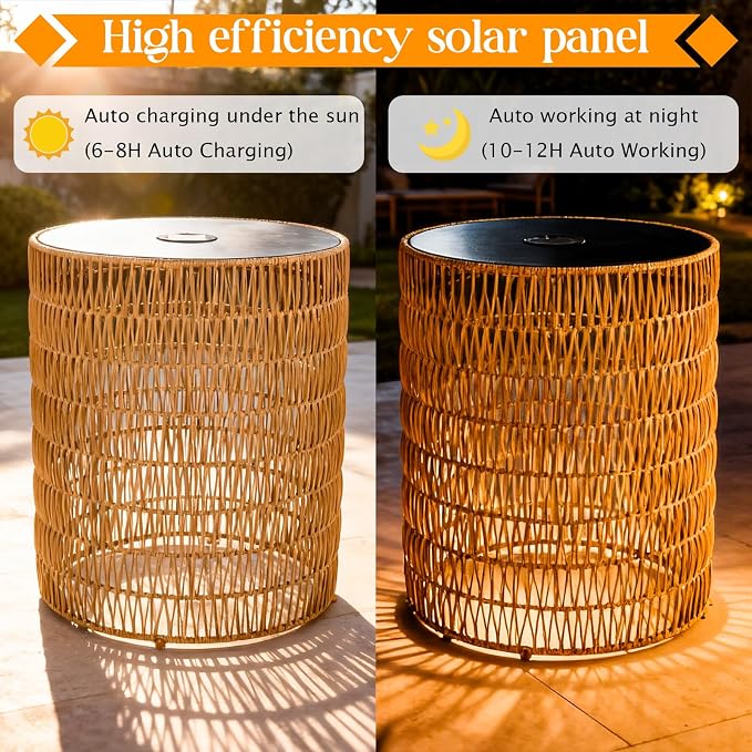 3 Pack Solar Outdoor Side Table with Integrated Glow Lights Set, Poolside Side End Table Waterproof Rattan Nesting Accent Table for Patio, Poolside, Backyard, Porch, Garden, Balcony Indoor Outdoor Use