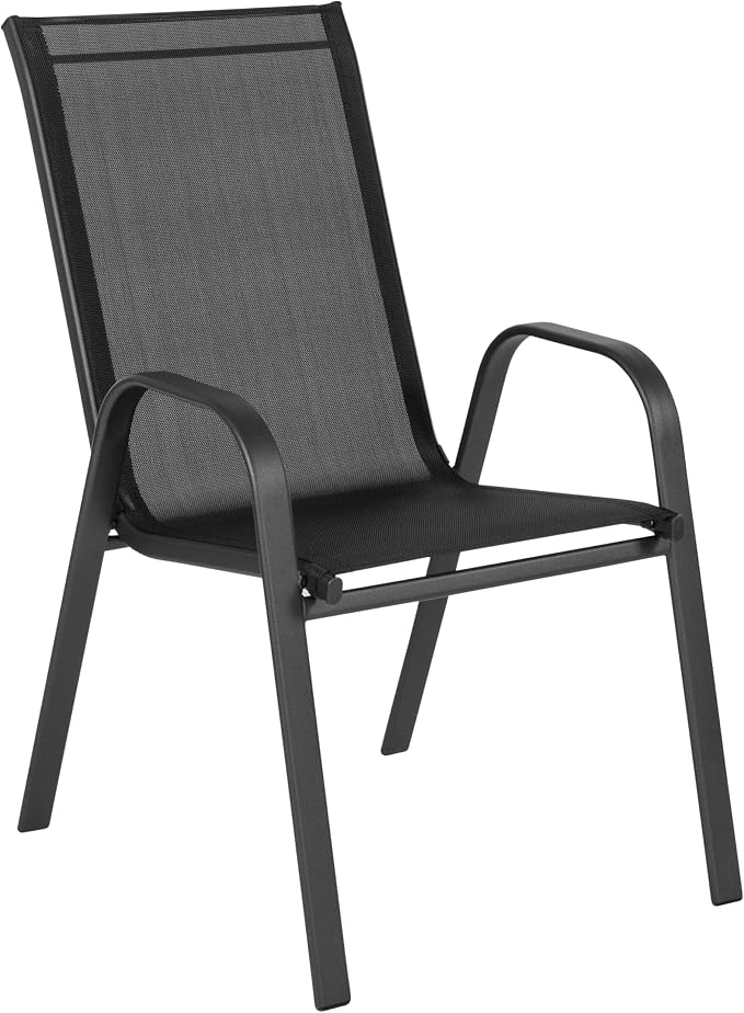 EMMA + OLIVER Bartlett 7-Piece Outdoor Dining Set, Patio Table with Tempered Glass Top and Umbrella Hole, 6 Flex Comfort Textilene Stack Chairs, 60", Black/Black