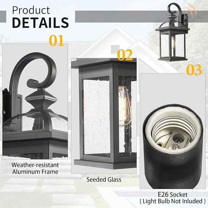 Darkaway Dusk to Dawn Outdoor Lights Fixture Wall Mount,Large 22inch Exterior Wall Light with Seeded Glass Waterproof Black Outside Wall Sconce for House Porch Hallway Garage