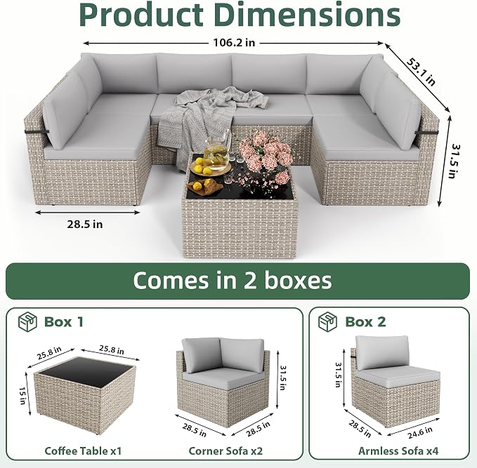 7-Piece Outdoor Sectional Sofa Set, Weather-Resistant Patio Furniture Set with Washable Cushions and Coffee Table, Grey Rattan Patio Conversation Set for Poolside, Backyard, Deck (Grey)