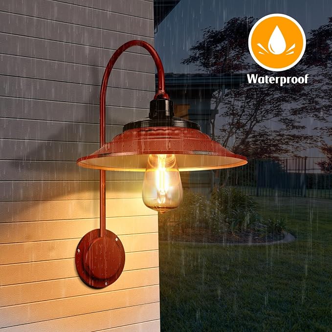 Solar Barn Lights Outdoor, 2PCS Waterproof Wall Light Fixture, Rustic Vintage Metal Gooseneck Solar Wall Mount Lights with Gold Interior, Shed Light for Outdoor Garage Porch Chicken Coop