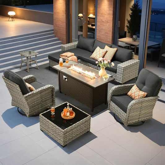 Outdoor Sectional Patio Furniture Set with Fire Pit Table,8 Pieces Wicker Conversation Sets L Shaped Couch,Extra Deep Out Door Sofa Outside Furniture with Swivel Chairs,Black