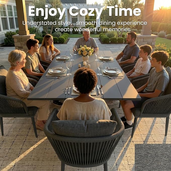 11-Piece Patio Dining Table Sets, Woven Wicker Dining Set with Rectangular Aluminum Table and Dining Chairs Modern Outdoor Dining Furniture Set for Outdoors and Indoors