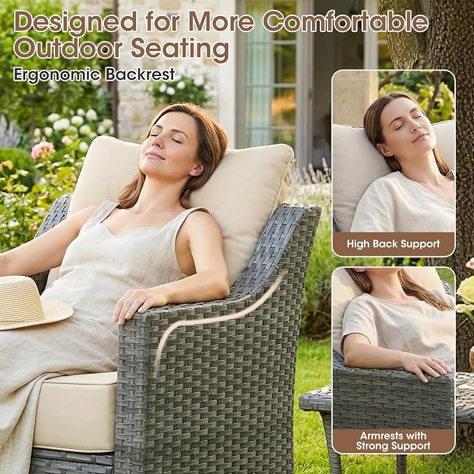 12 Piece Patio Furniture Set, Grey Wicker Outdoor Conversation Set with 4 Swivel Rocker Chairs, 4 Ottomans, 2 Sofas and 2 Side Tables, 6-Inch Thick Cushions, Beige Covers for Porch, Deck