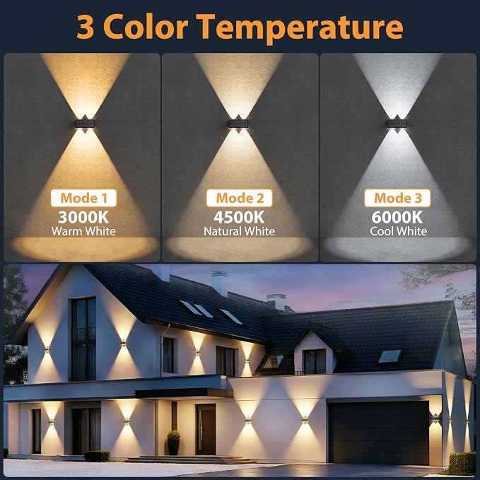 6PACK Solar Sconce Lights Outdoor,3000/4000/6000K 3 Modes Up and Down Solar Wall Lights Dusk to Dawn Lighting IP65 Waterproof Solars Lights Outdoor for Exterior Front Porch Garage Fence Patio Yard
